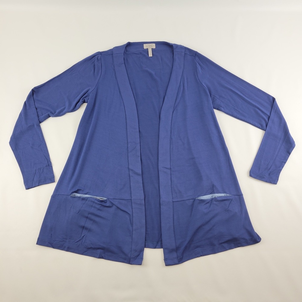 LOGO Lori Goldstein A276623 Cardigan XS Blue Open Front Long Sleeve Knit Pockets